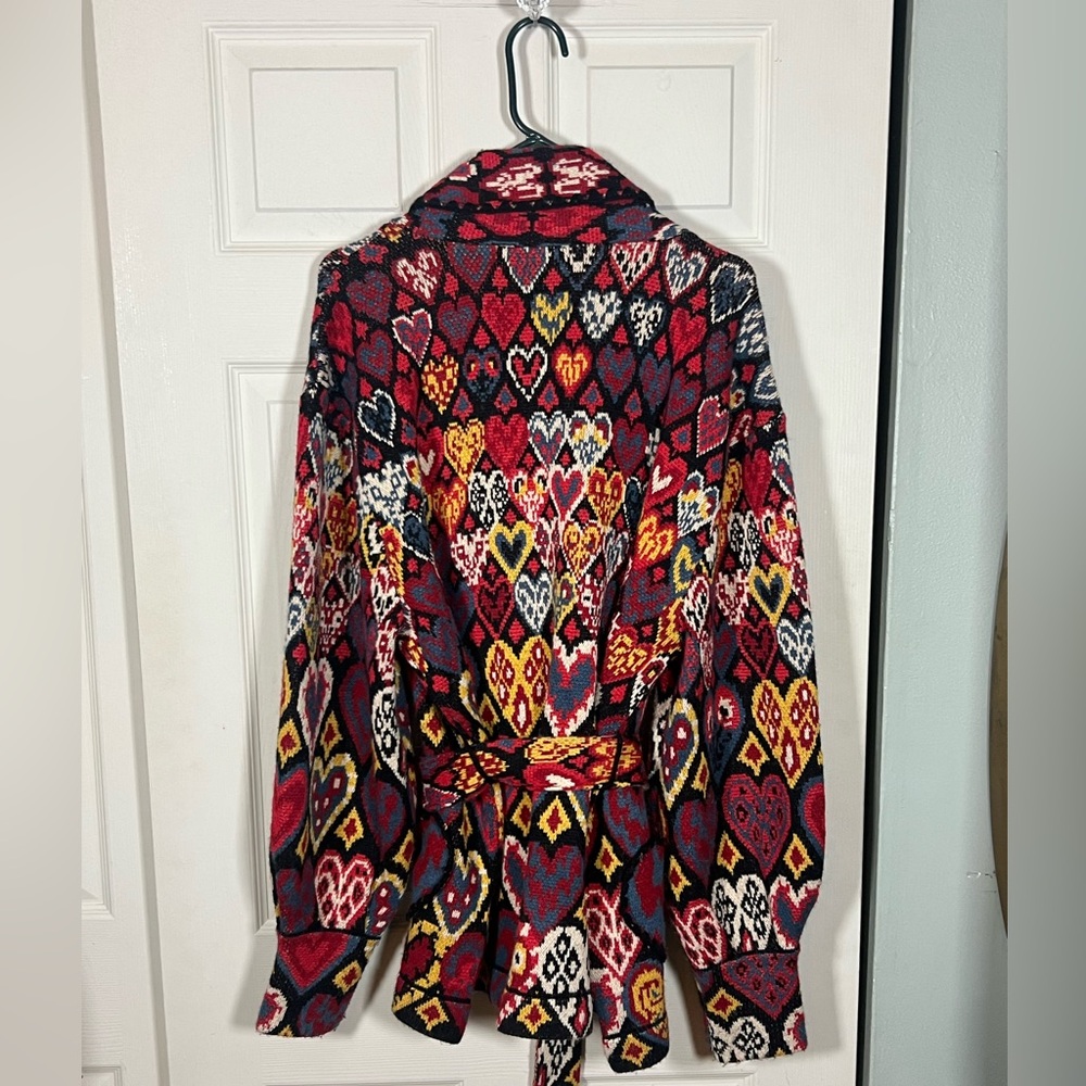 🦄 Farm Rio Heart Jacquard Belted Cardigan Jacket XL Statement Boho Knit - Picture 3 of 7